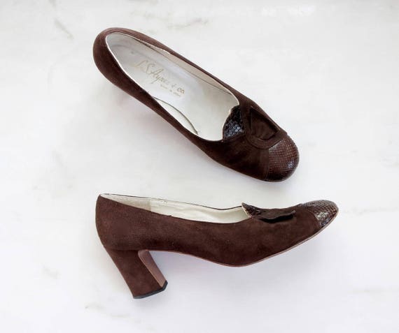 60s cocoa suede and snakeskin heels | 8 - image 1