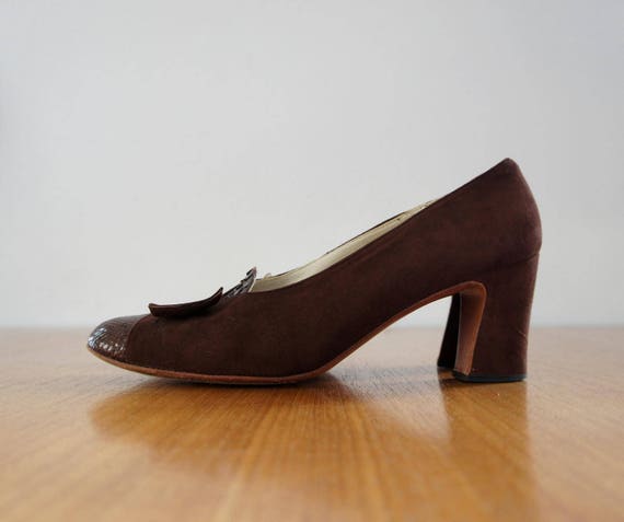 60s cocoa suede and snakeskin heels | 8 - image 6