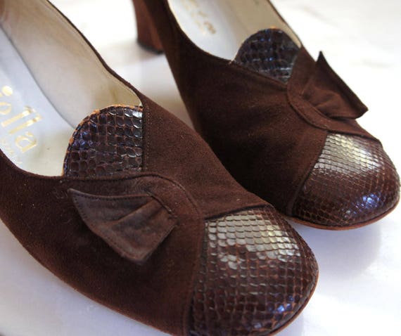 60s cocoa suede and snakeskin heels | 8 - image 2