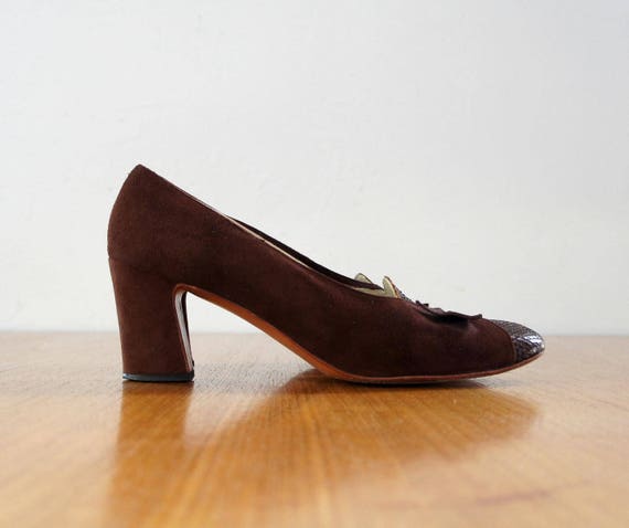 60s cocoa suede and snakeskin heels | 8 - image 7