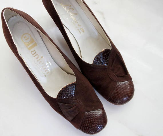 60s cocoa suede and snakeskin heels | 8 - image 3