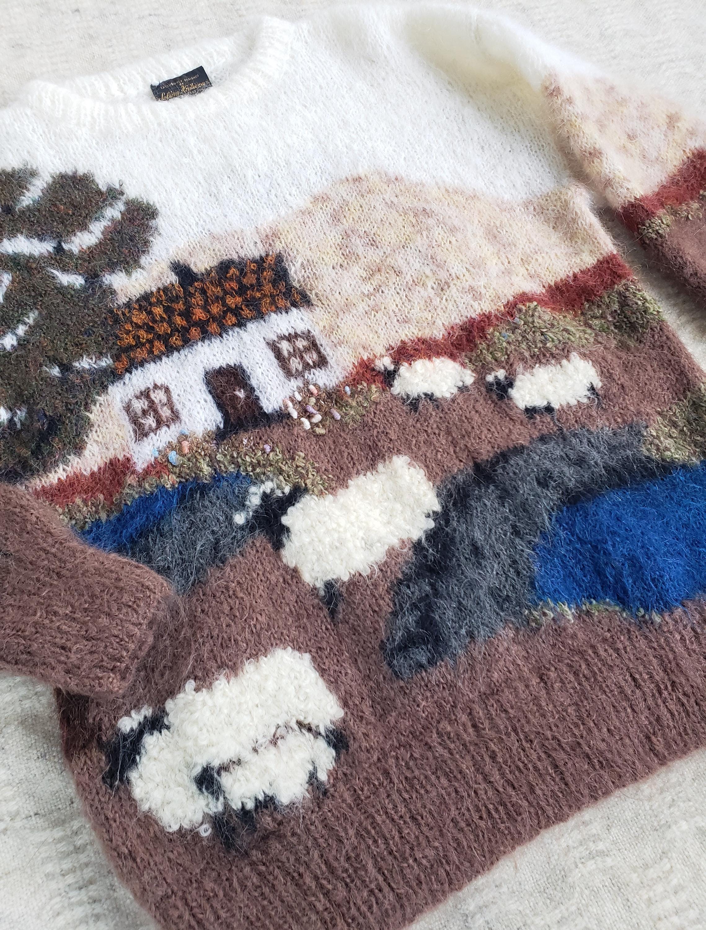 80s Selina Knitwear Sheep and Cottage Mohair Sweater - Etsy