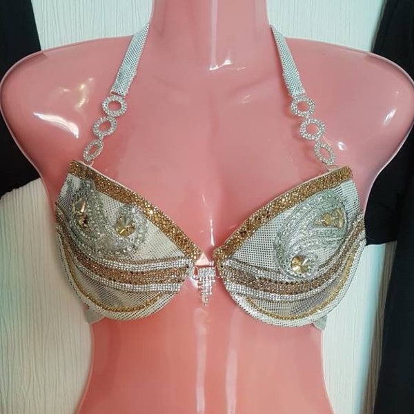 Burlesque Samba crystal swimsuit BIKINI costume pole dance body building PAGEANT holiday designer Silver gold uk 8-10 C cup