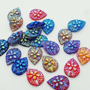 10x 18mm multi AB  flower textured acrylic sew on rhinestone gem pear drop