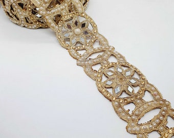 1m 5.5cm Metallic gold lace applique with crystals, pearls and mirror