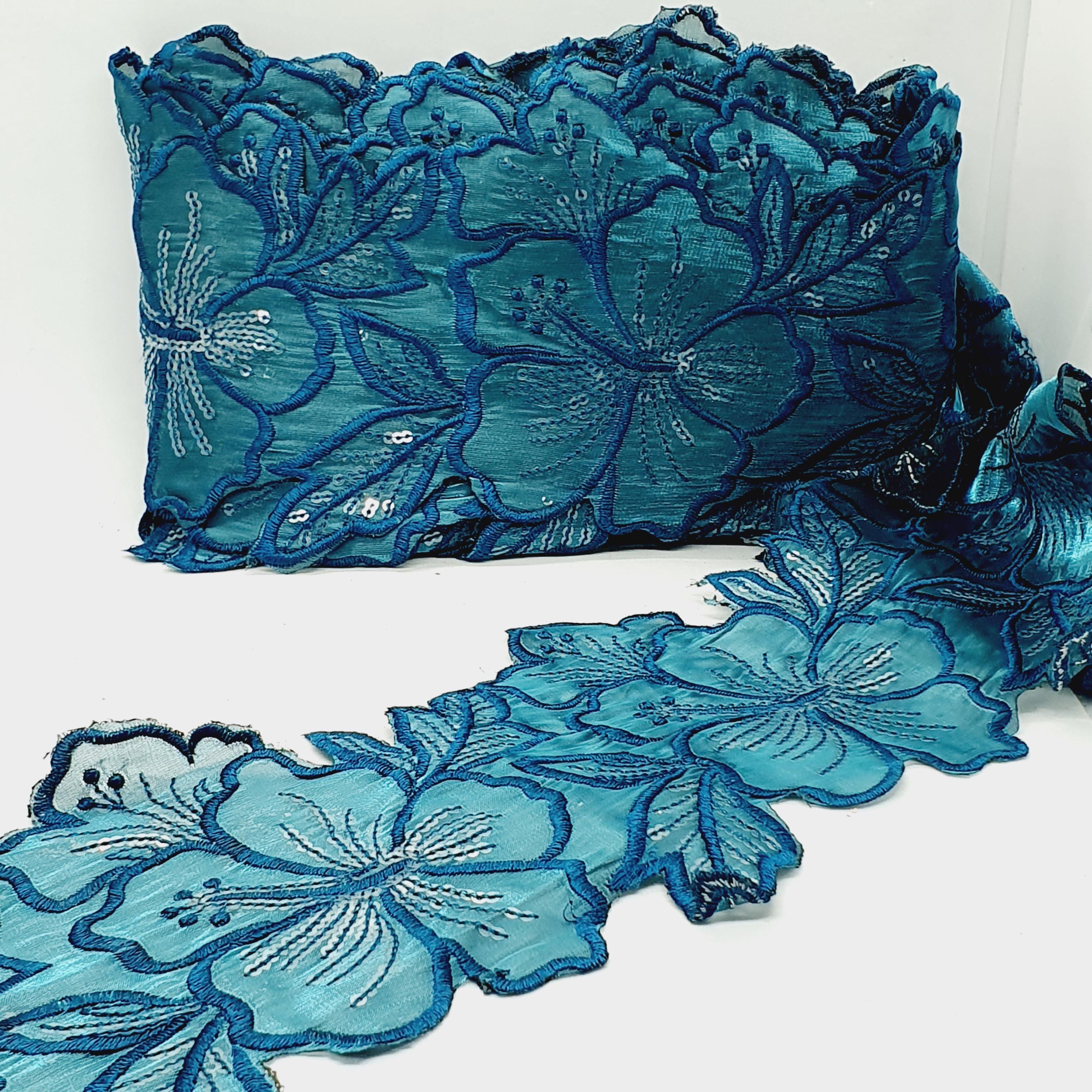 1m 14cm Petrol/ Teal Green Flower Embroidered Net Lace With