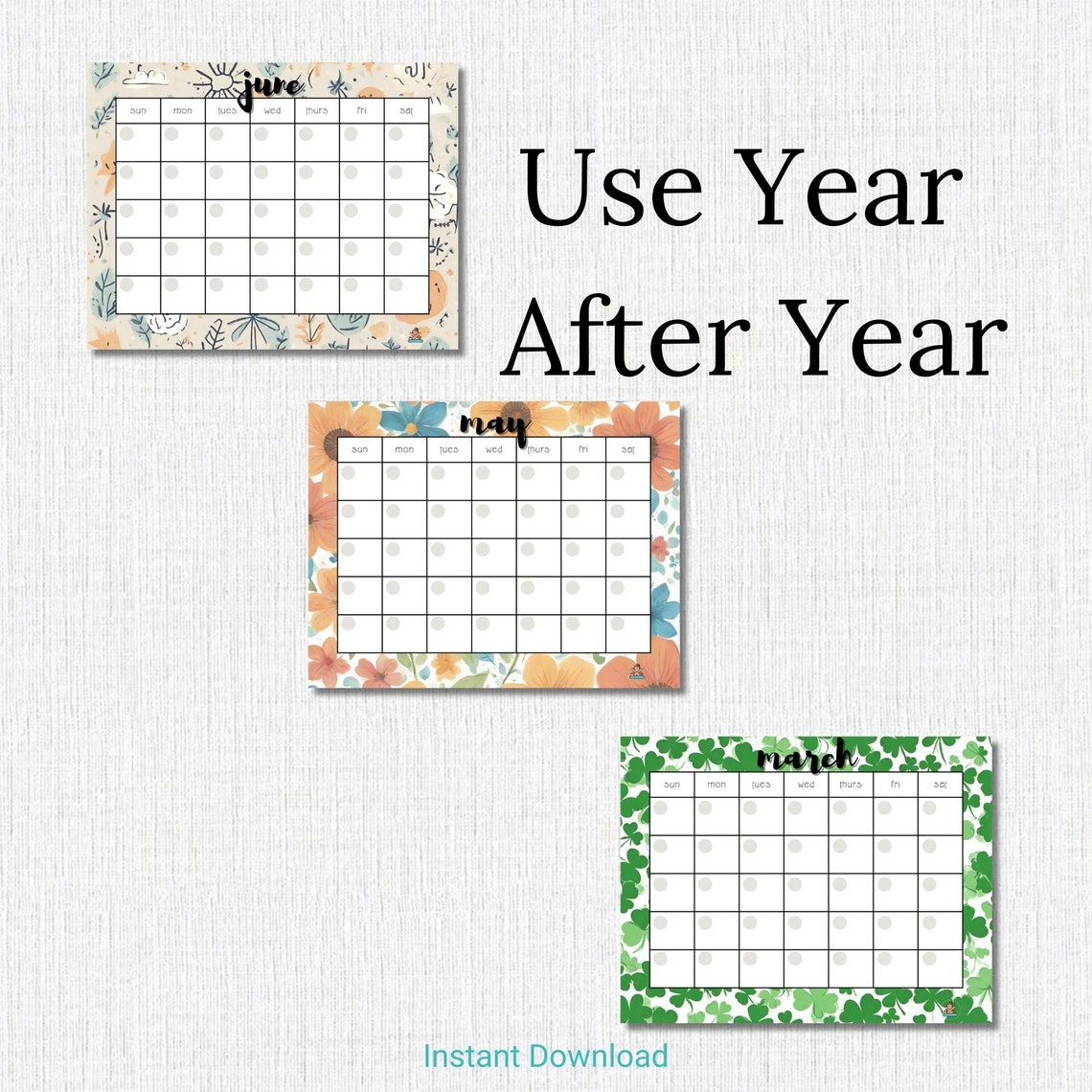 Colorful, Fun, Undated Monthly Calendar, Instant Download, Printable ...