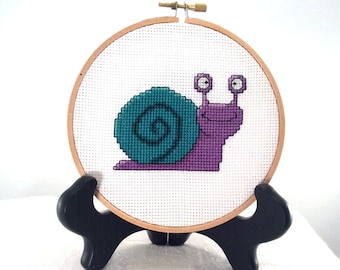 Finished snail cross stitch, needlepoint finish, completed embroidery, gastropod hoop art, animal home decor, garden wall hanging