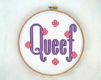 Queef cross stitch pattern, funny word needlepoint, potty humor embroidery, silly printable PDF pattern, naughty digital download