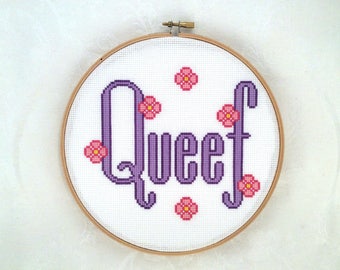 Queef cross stitch pattern, funny word needlepoint, potty humor embroidery, silly printable PDF pattern, naughty digital download