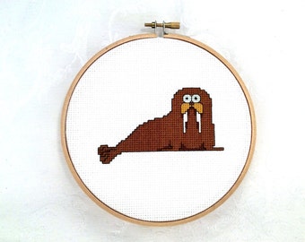Walrus counted cross stitch pattern, polar needlepoint, animal embroidery, digital download, PDF pattern, walrus printable, Arctic wildlife