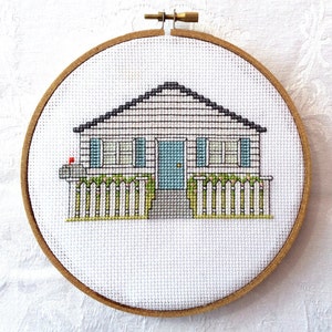 White picket fence cross stitch pattern, house needlepoint, PDF pattern, cozy cottage embroidery, digital download, printable pattern