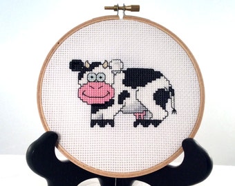 Cow cross stitch finished piece, farm hoop art, bovine completed embroidery, home decor, animal wall hanging, country, dairy needlepoint
