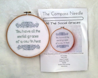 Social graces of a cow in heat counted cross stitch kit, rude needlepoint, sassy embroidery, funny DIY craft, subversive, insulting, mean