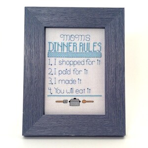 Mom&#39;s Dinner Rules finished cross stitch, completed needlepoint, framed embroidery, funny home decor, handmade fiber art