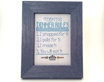 Mom's Dinner Rules finished cross stitch, completed needlepoint, framed embroidery, funny home decor, handmade fiber art
