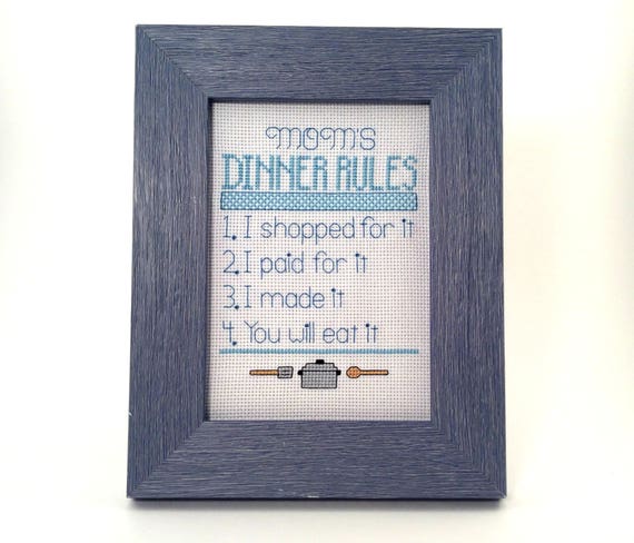 Mom's Dinner Rules finished cross stitch, completed needlepoint, framed embroidery, funny home decor, handmade fiber art