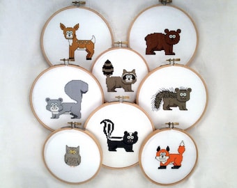 Paquete de patrones de punto de cruz de Forest Friends, oso, ardilla, zorrillo, búho, puercoespín, zorro, mapache, ciervo, punto de aguja salvaje, bordado de animales
