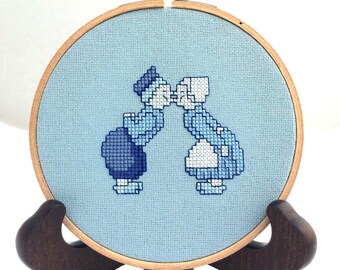 Finished cross stitch, Dutch kids kissing, iconic Dutch, blue fiber art, sweet hoop art, love wall hanging, cute completed embroidery