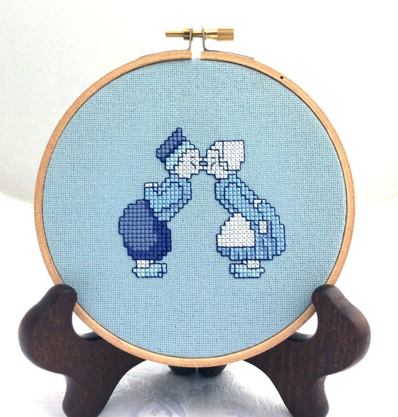 Finished cross stitch, Dutch kids kissing, iconic Dutch, blue fiber art, sweet hoop art, love wall hanging, cute completed embroidery