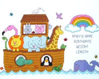 Noahs Ark cross stitch, PDF pattern, birth announcement embroidery, baby needlepoint, biblical digital download, religious printable craft