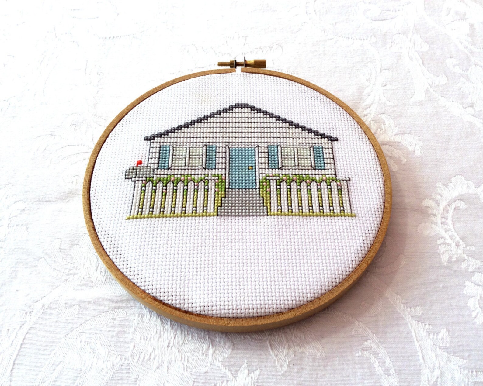 White Picket Fence Cross Stitch Pattern, House Needlepoint, PDF Pattern