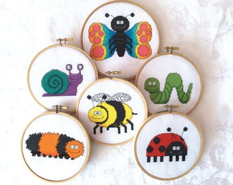 Modèle de point de croix animal de jardin six pack, téléchargement numérique de bug, imprimable, ver, escargot, abeille, coccinelle, chenille, papillon, xstitch
