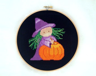 Witch cross stitch pattern, digital download, kawaii needlepoint, Halloween embroidery, seasonal PDF pattern, cute printable pattern, DIY