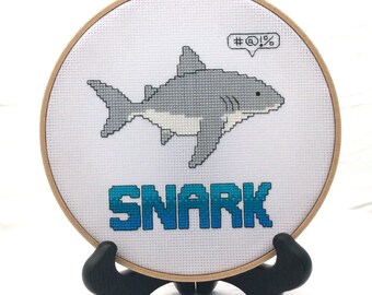 Snarky cross stitch finished piece, embroidery, handmade shark wall hanging, subversive needlepoint finish, funny hoop art, sassy home decor