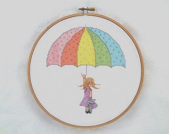 Umbrella girl cross stitch pattern, PDF pattern, whimsical embroidery, needlepoint, girls room decor, baby girl, digital download, printable