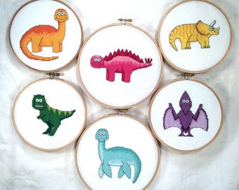 Dinosaur Friends cross stitch pattern bundle, dino needlepoint, brontosaurus, triceratops, stegosaurus, pteranodon, plesiosaur, trex PDF