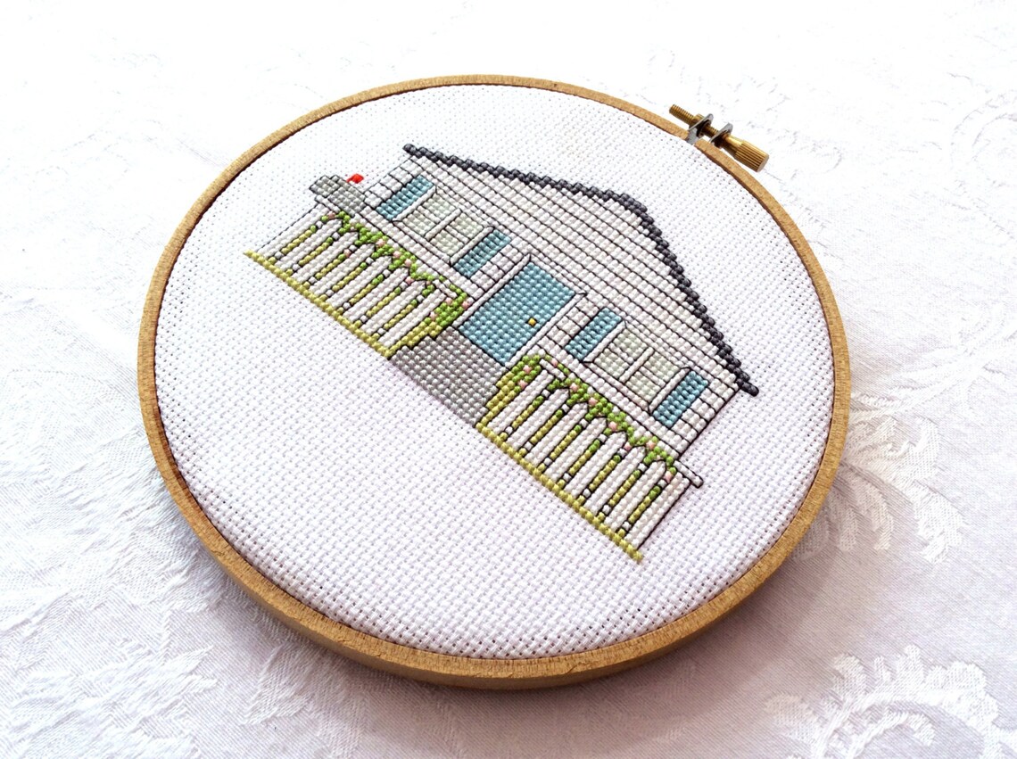 White Picket Fence Cross Stitch Pattern, House Needlepoint, PDF Pattern