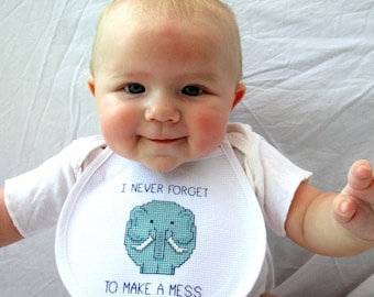 Elephant baby bib cross stitch pattern, digital download, funny PDF pattern, "I Never Forget To Make A Mess" embroidery, cute needlepoint