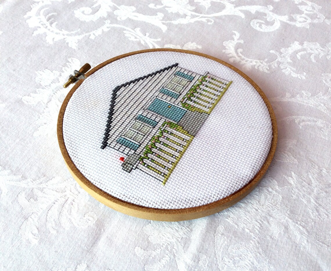 White Picket Fence Cross Stitch Pattern, House Needlepoint, PDF Pattern