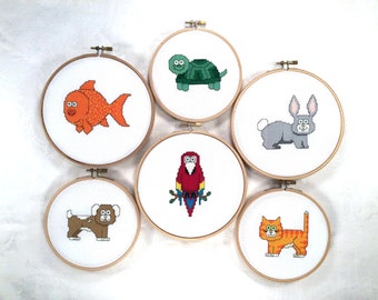 Pet Friends cross stitch pattern collection, animal needlepoint, PDF pattern pack, embroidery bundle, cat, dog, turtle, bunny, fish, parrot