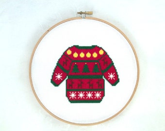 Ugly sweater cross stitch pattern, Christmas embroidery, holiday needlepoint, seasonal PDF pattern, digital download, festive printable