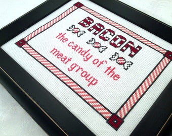 Bacon cross stitch pattern, candy needlepoint, meat group embroidery, funny PDF pattern, humorous digital download, food xstitch pattern