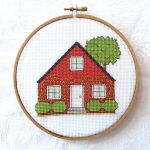 Brick house cross stitch pattern, needlepoint, PDF Pattern, red house with ivy embroidery, cozy cottage digital download, printable pattern