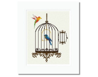 Cruz puntada patrón amor aves jaula, gráfico de punto de cruz contado, diseño del bordado, decoración, primavera, fácil, DiY, PDF - INSTANT DOWNLOAD