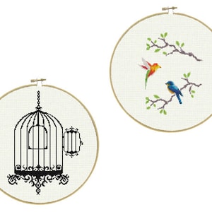 Cross Stitch Pattern Birdcage and Released Love Birds, Baby Counted Cross Stitch Chart, Embroidery Design, Easy, DiY, PDF - INSTANT DOWNLOAD