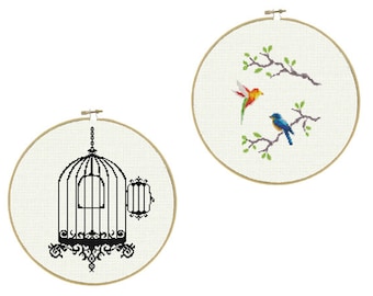 Patrón de punto de cruz Jaula de pájaros y pájaros del amor liberados, Gráfico de punto de cruz contado bebé, Diseño de bordado, Fácil, DiY, PDF - DESCARGA INSTANTÁNEA