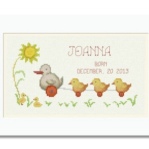 Cross Stitch Pattern Baby Birth Record Announcement Duck Ducklings Nursery, Free PDF Counted X Chart Easy Embroidery Design INSTANT DOWNLOAD