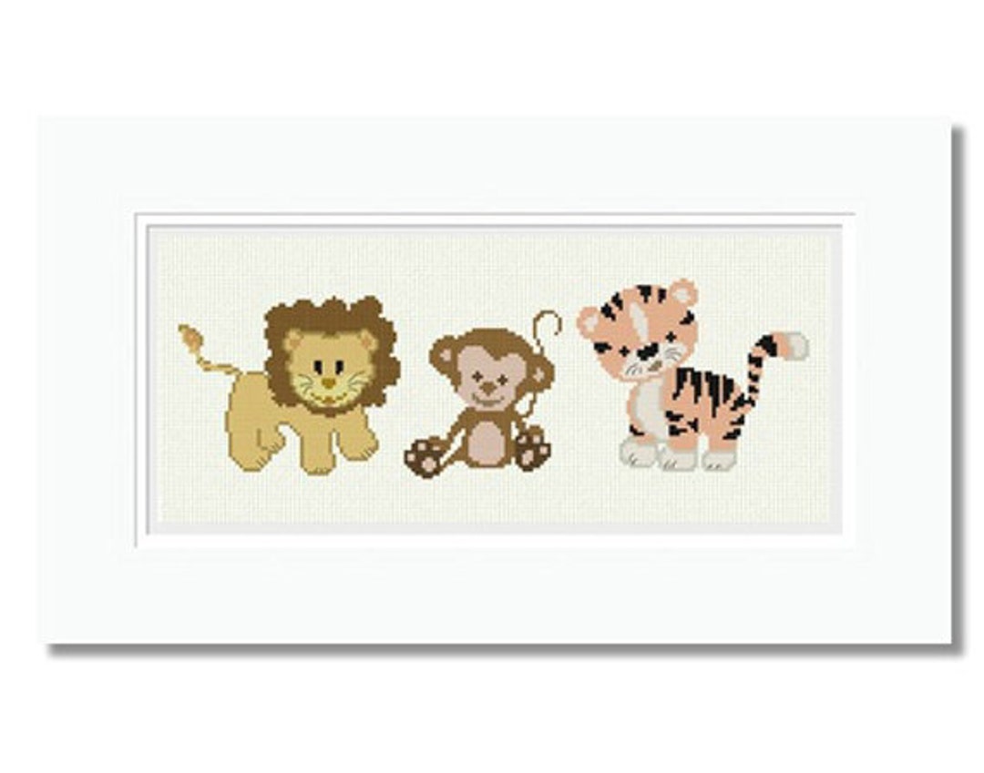 Cross Stitch Pattern Baby Lion, Tiger, Monkey, Jungle Animal, Counted X