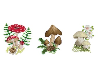 Counted Cross Stitch Patterns Mushrooms, Set of 3 Charts Easy Embroidery Design Flower Christmas Card Free Sampler DiY PDF, INSTANT DOWNLOAD