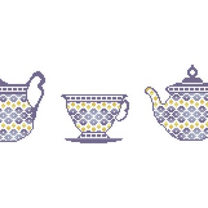 Cross Stitch Pattern, Set, Teapot, Teacup, Cream Jug, Counted Cross Stitch Chart, Embroidery Design DiY Kitchen Decor, PDF, INSTANT DOWNLOAD