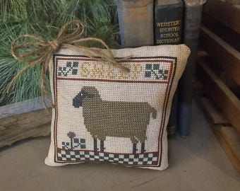 Cross Stitch Prairie Schooler SHEEP Pillow: Handmade Cupboard Tuck Home Decor Made To Order
