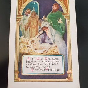 Unused 3 Wise Men, Mary & Baby Jesus Christmas Greetings Embossed Vintage Postcard Paper Ephemera Collectible