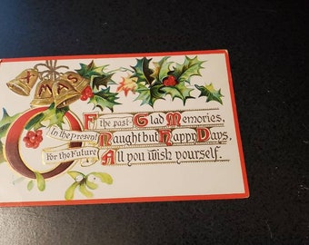 Embossed X-Mas Postcard with Gold Bells & Holly with Red Berries Vintage Paper Ephemera 1910 Collectible