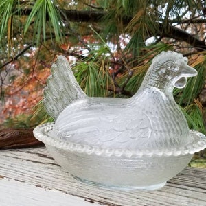 Vintage Farmhouse Clear Glass Chicken Hen on Nest by Indiana Glass   #3