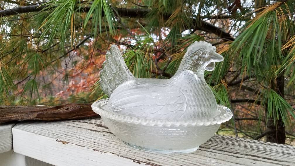Vintage Farmhouse Clear Glass Chicken Hen on Nest by Indiana